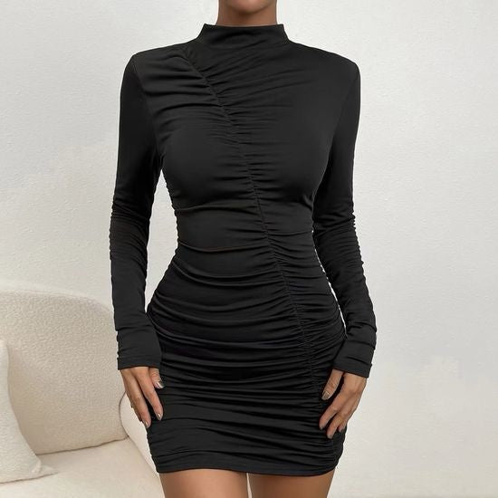 Elegant Black Ruched Long-Sleeve Women Mini Dress