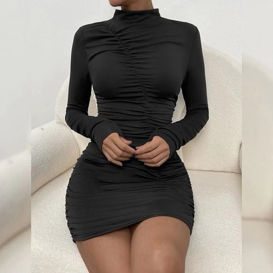 Elegant Black Ruched Long-Sleeve Women Mini Dress