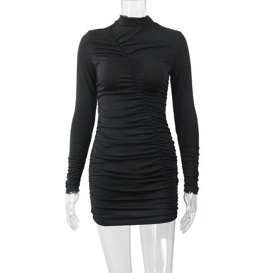 Elegant Black Ruched Long-Sleeve Women Mini Dress