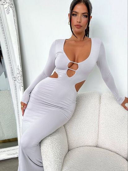 Elegant White Cut-Out Long Sleeve Midi Dress